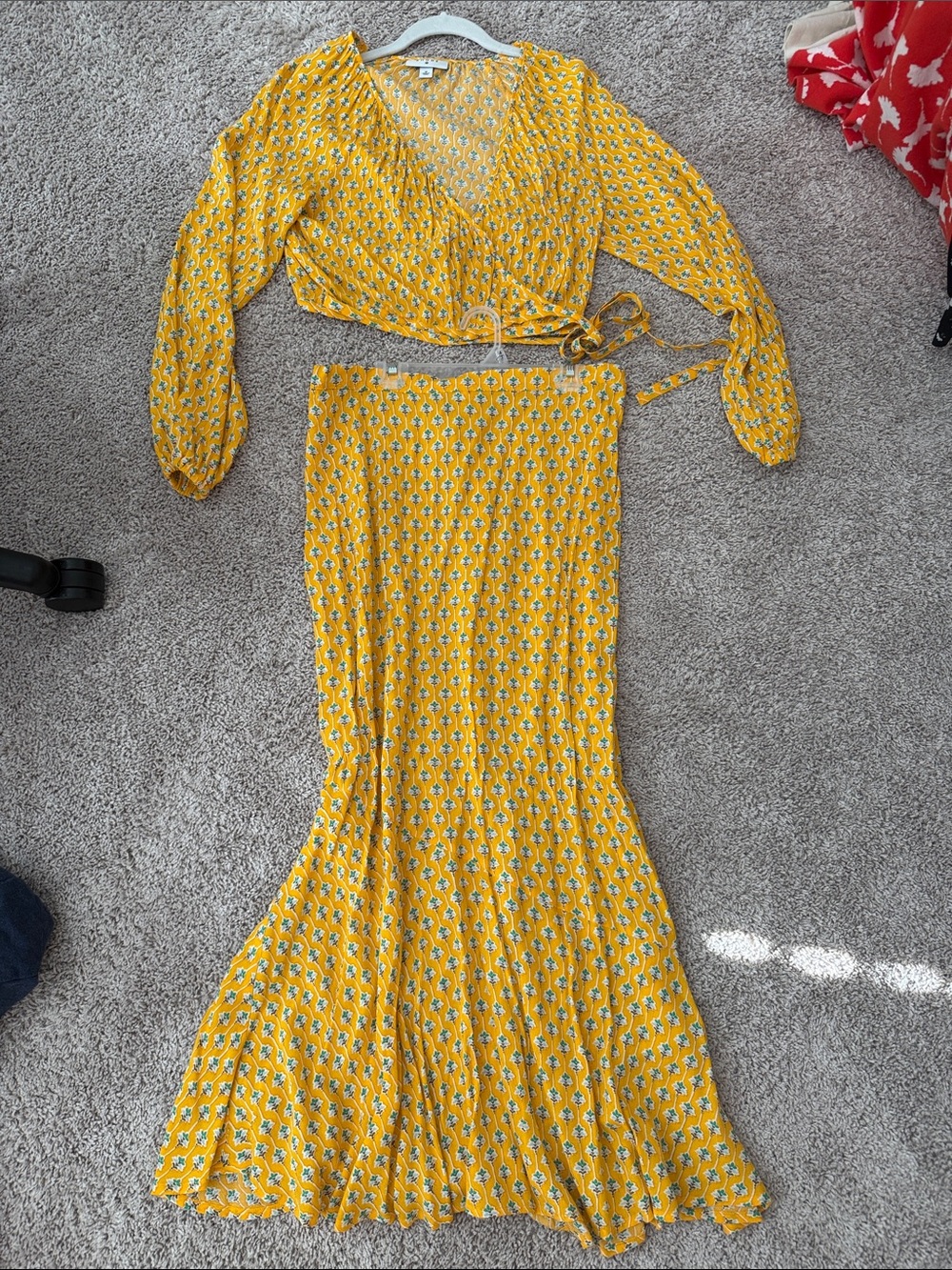 RHODE Yellow Floral Wrap Crop Top & Maxi Skirt Set